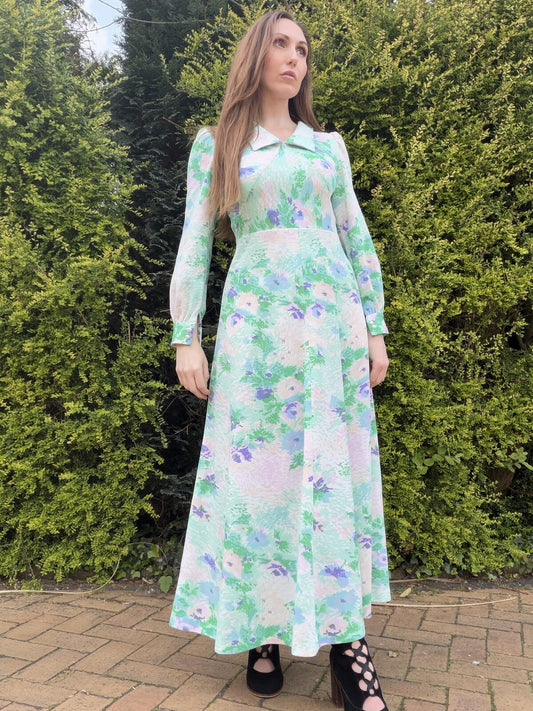Vintage 1960s Long Dress Floral Long Sleeve Summer Maxi with Collar Size 10