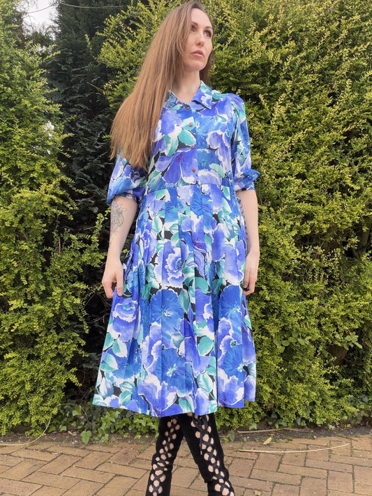 Vintage 1980s Shirt Dress Blue Floral Midi Dress with 3/4 Sleeves Size 16