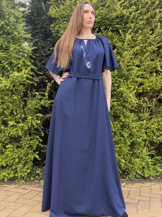 Vintage 1980s Maxi Dress Navy Blue with Embellished Detail Size 20
