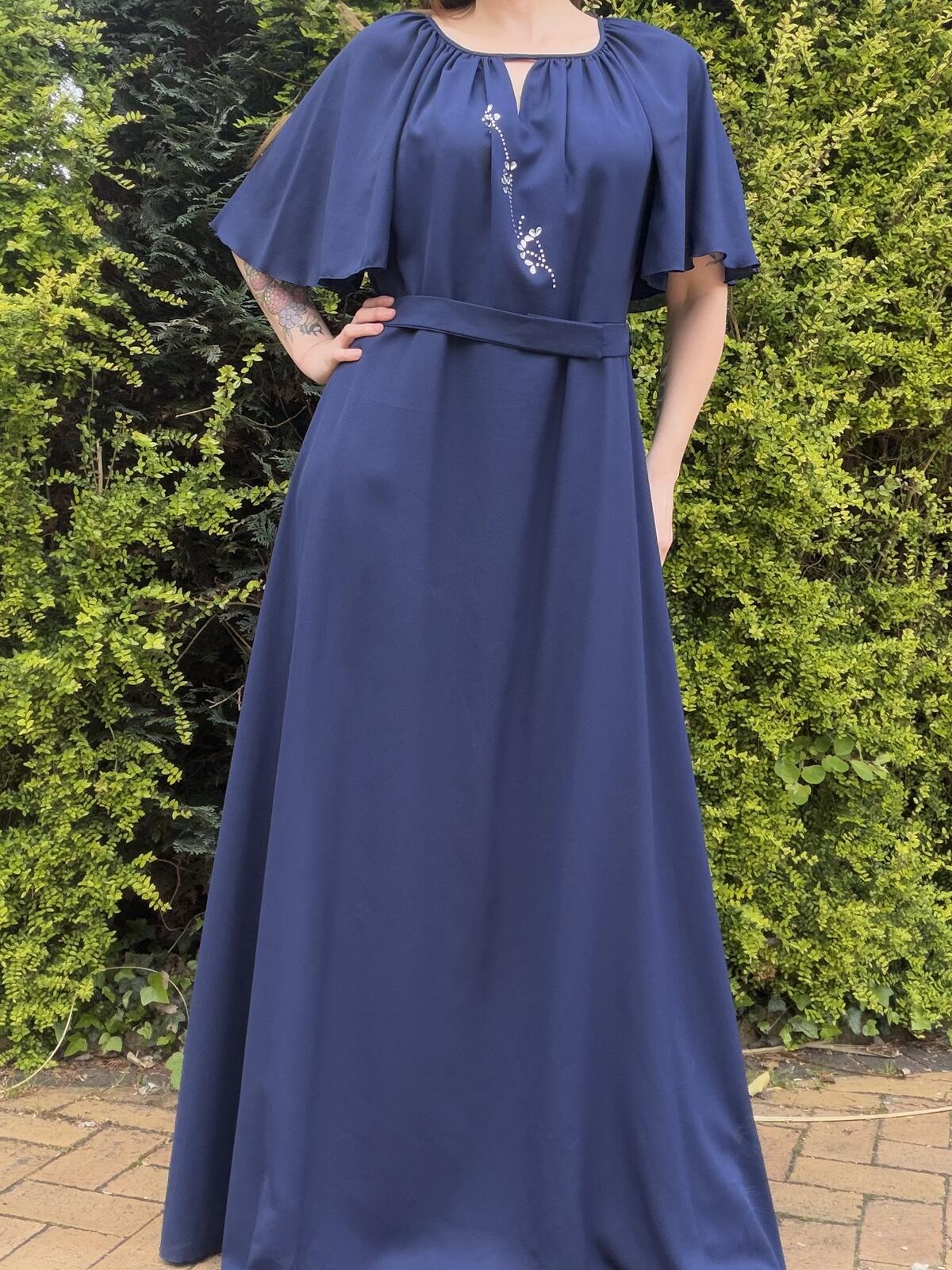 Vintage 1980s Maxi Dress Navy Blue with Embellished Detail Size 20