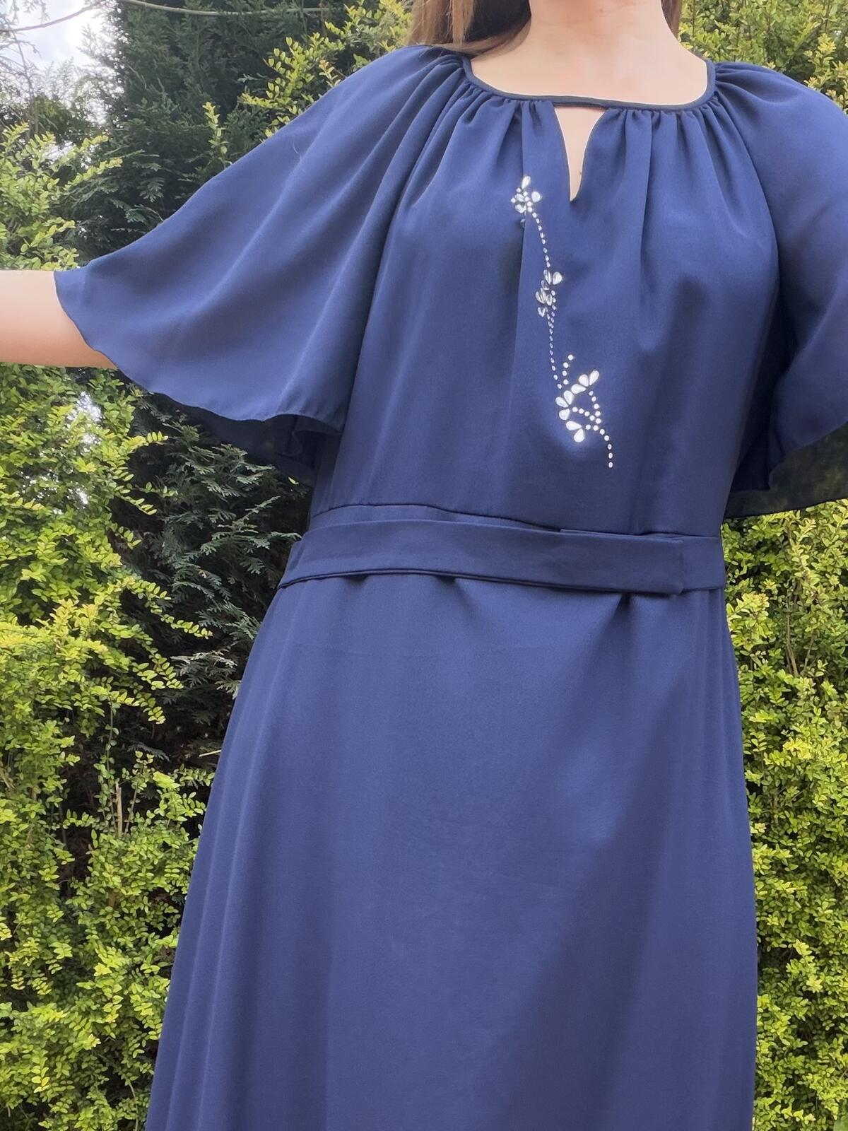 Vintage 1980s Maxi Dress Navy Blue with Embellished Detail Size 20