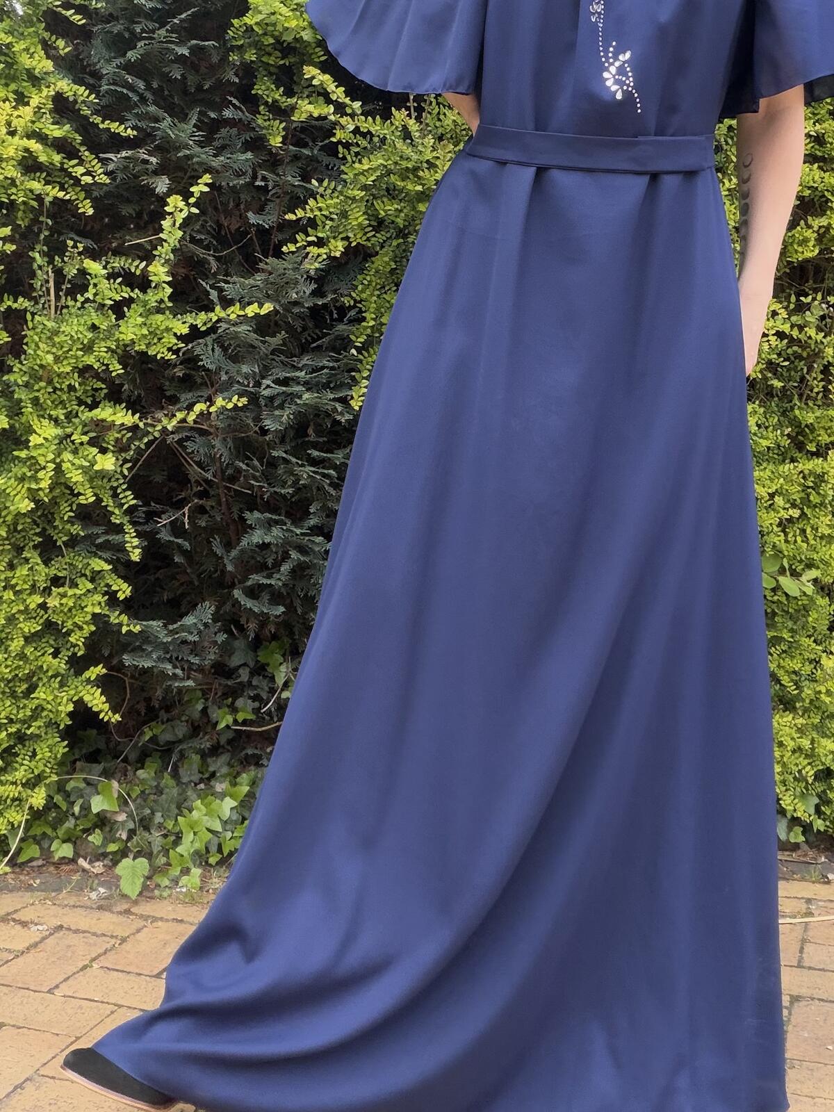 Vintage 1980s Maxi Dress Navy Blue with Embellished Detail Size 20