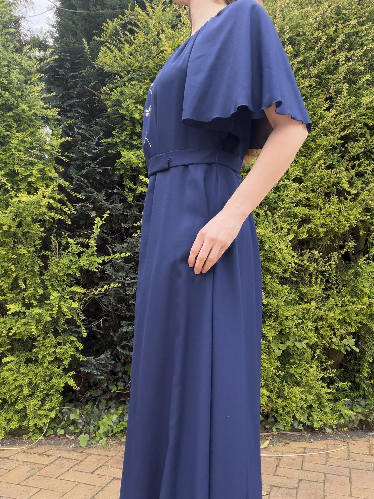 Vintage 1980s Maxi Dress Navy Blue with Embellished Detail Size 20