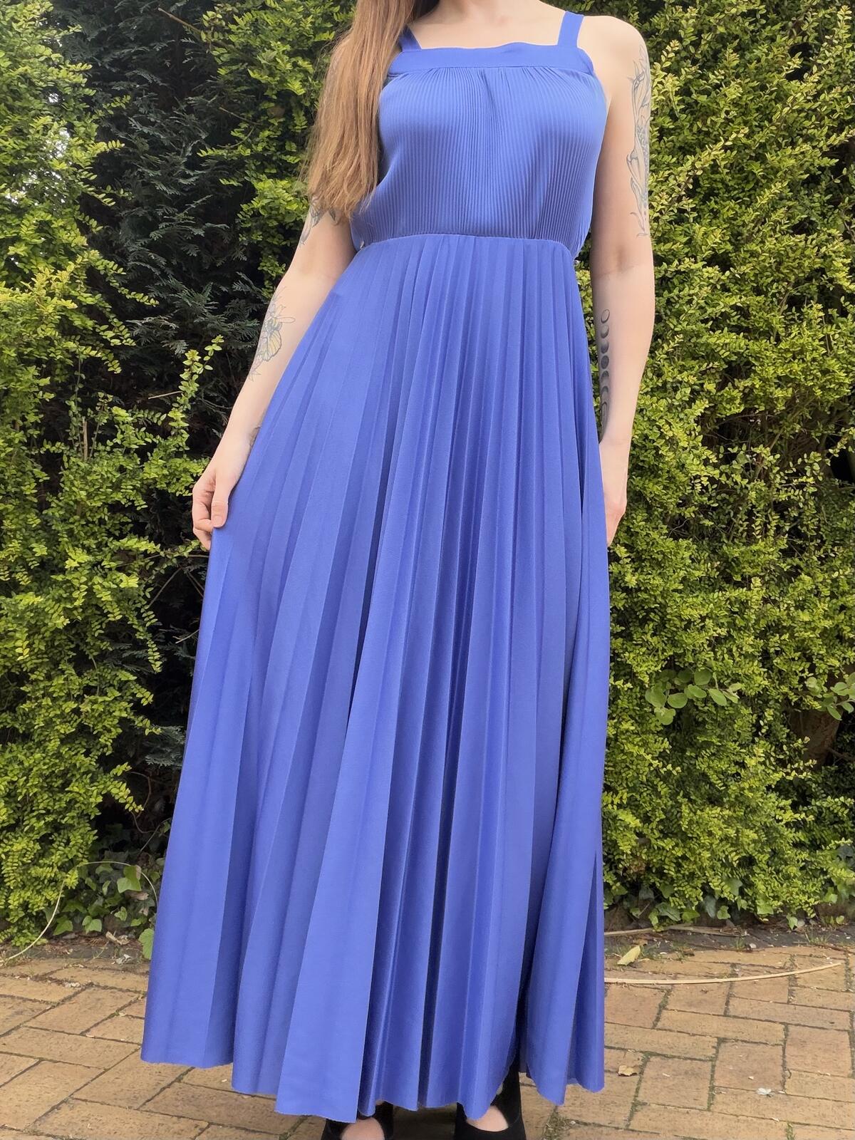 Vintage 1980s Blue Pleated Maxi Dress with Square Neckline Size 12