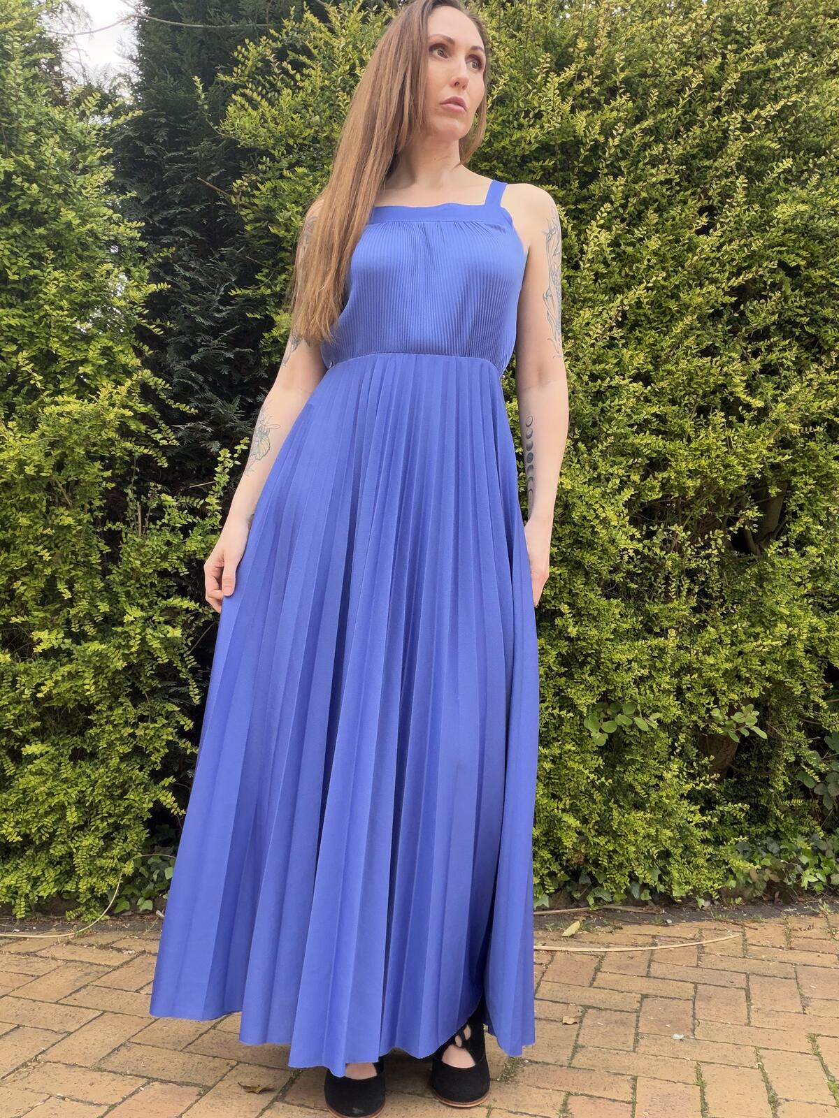 Vintage 1980s Blue Pleated Maxi Dress with Square Neckline Size 12