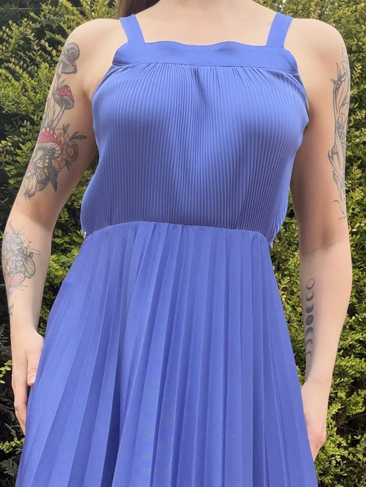 Vintage 1980s Blue Pleated Maxi Dress with Square Neckline Size 12
