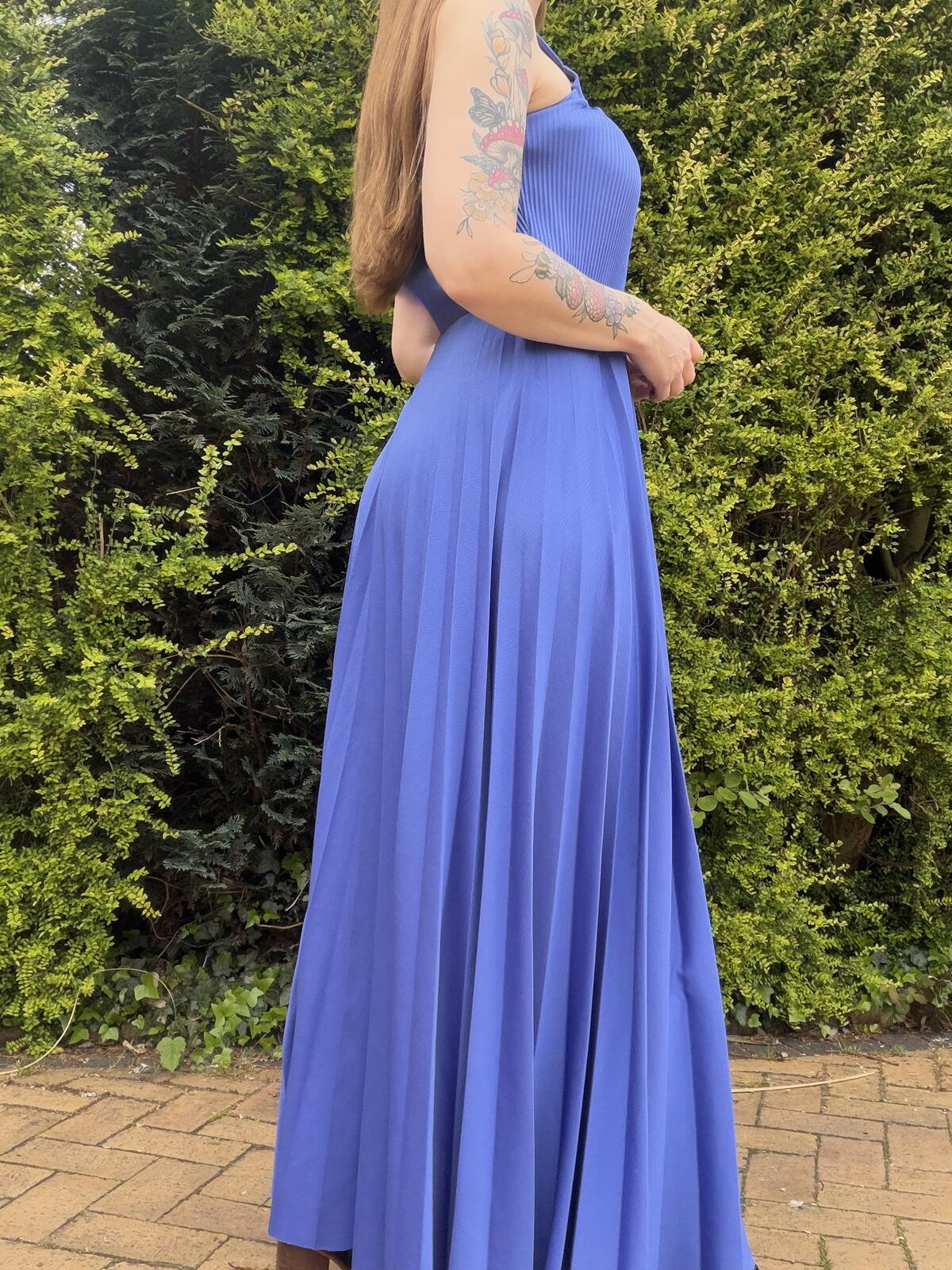 Vintage 1980s Blue Pleated Maxi Dress with Square Neckline Size 12