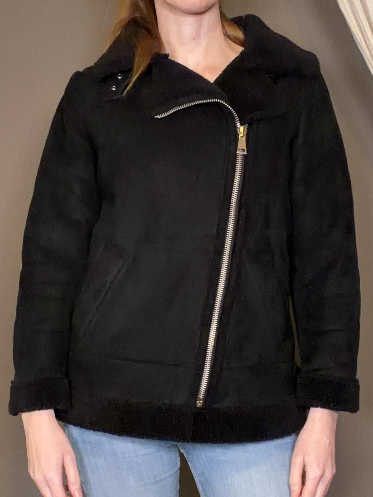 Vintage Y2K Biker Jacket Black Faux Shearling Coat Asymmetric Zip Size 10 to 12