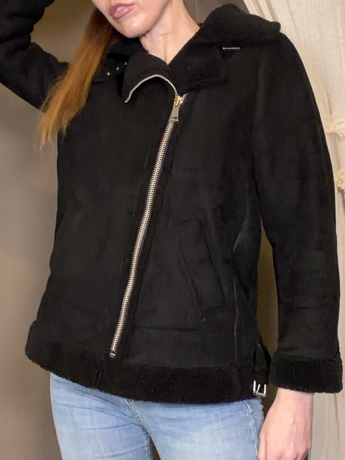 Vintage Y2K Biker Jacket Black Faux Shearling Coat Asymmetric Zip Size 10 to 12