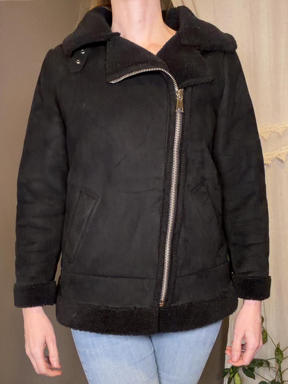 Vintage Y2K Biker Jacket Black Faux Shearling Coat Asymmetric Zip Size 10 to 12