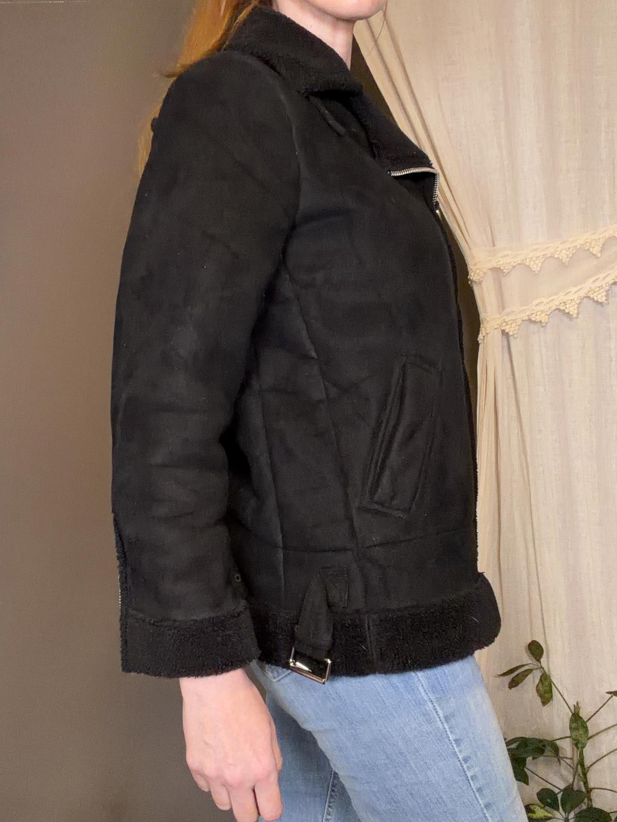 Vintage Y2K Biker Jacket Black Faux Shearling Coat Asymmetric Zip Size 10 to 12