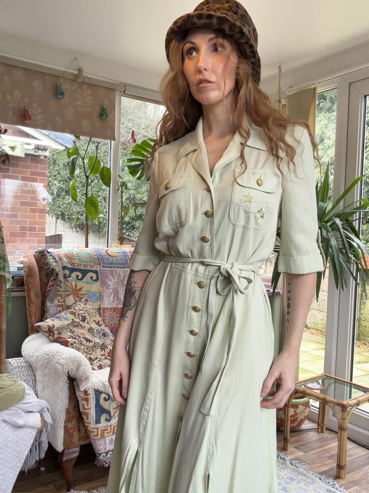 Vintage 1990s shirt dress size 8 10 by INA LIMA Button Up Midi Tie waist green