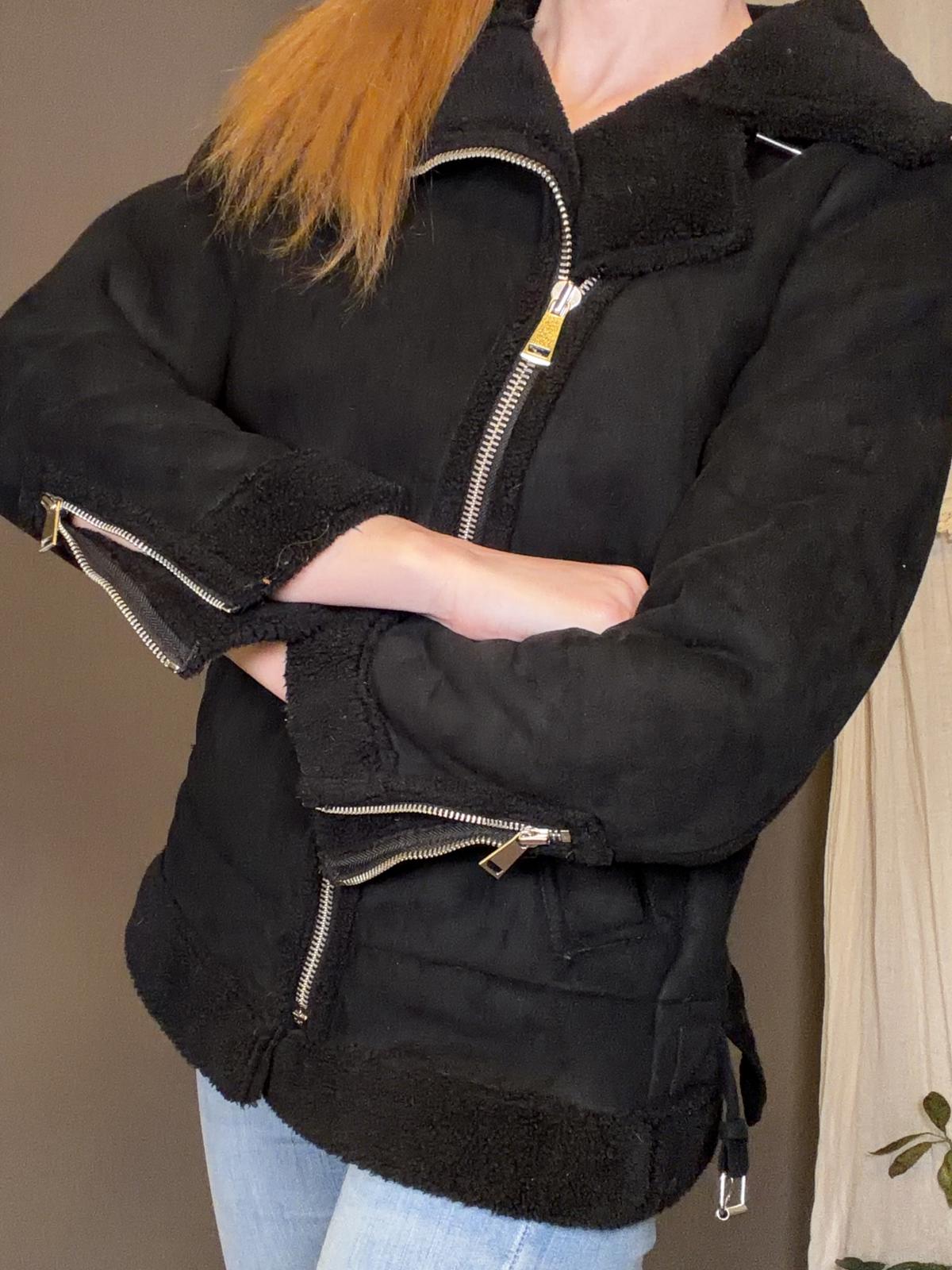 Vintage Y2K Biker Jacket Black Faux Shearling Coat Asymmetric Zip Size 10 to 12
