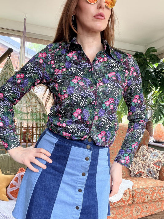 Vintage 1960s Blouse Floral Print Long Sleeve Button Up Shirt Size 10