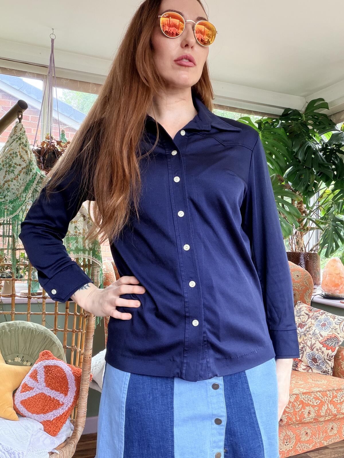 Vintage 1970s Shirt Navy Blue Button Up Long Sleeve Retro Blouse Size 12