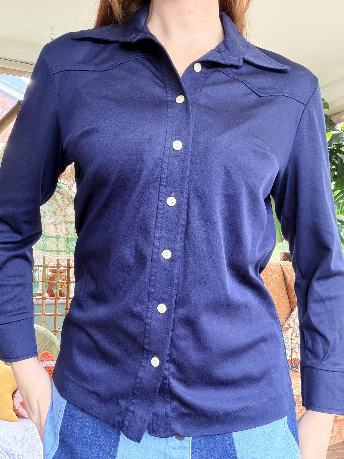 Vintage 1970s Shirt Navy Blue Button Up Long Sleeve Retro Blouse Size 12