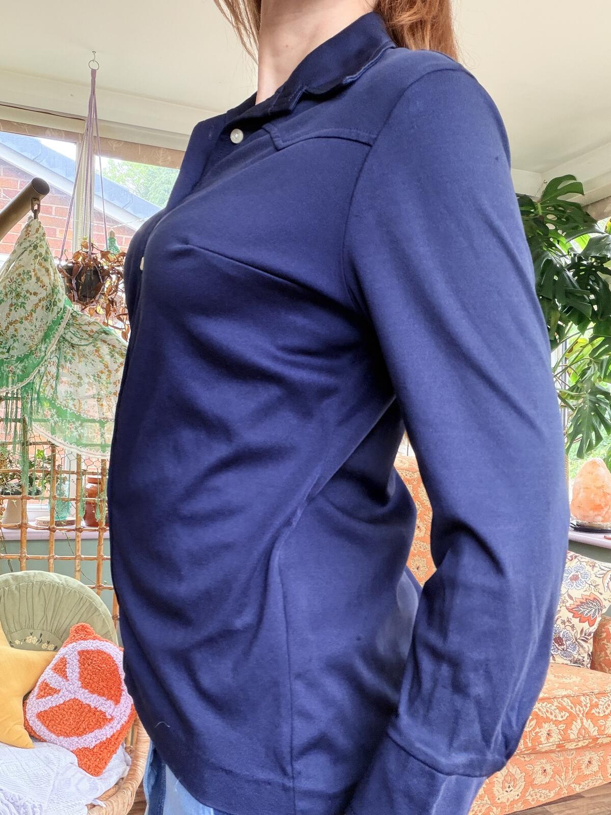 Vintage 1970s Shirt Navy Blue Button Up Long Sleeve Retro Blouse Size 12