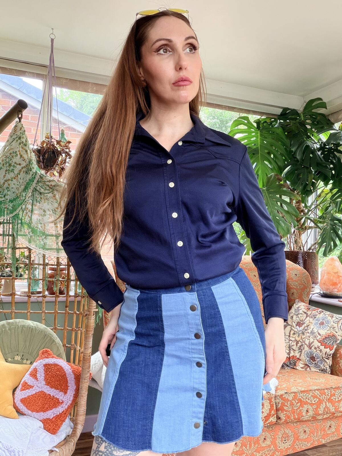 Vintage 1970s Shirt Navy Blue Button Up Long Sleeve Retro Blouse Size 12