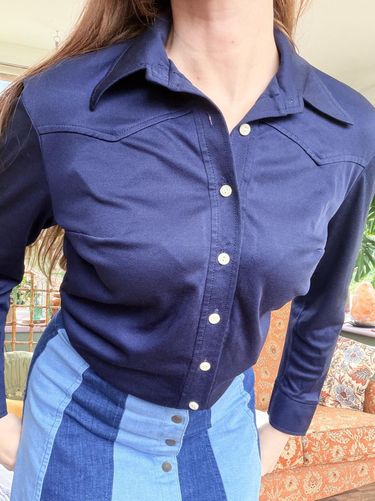 Vintage 1970s Shirt Navy Blue Button Up Long Sleeve Retro Blouse Size 12