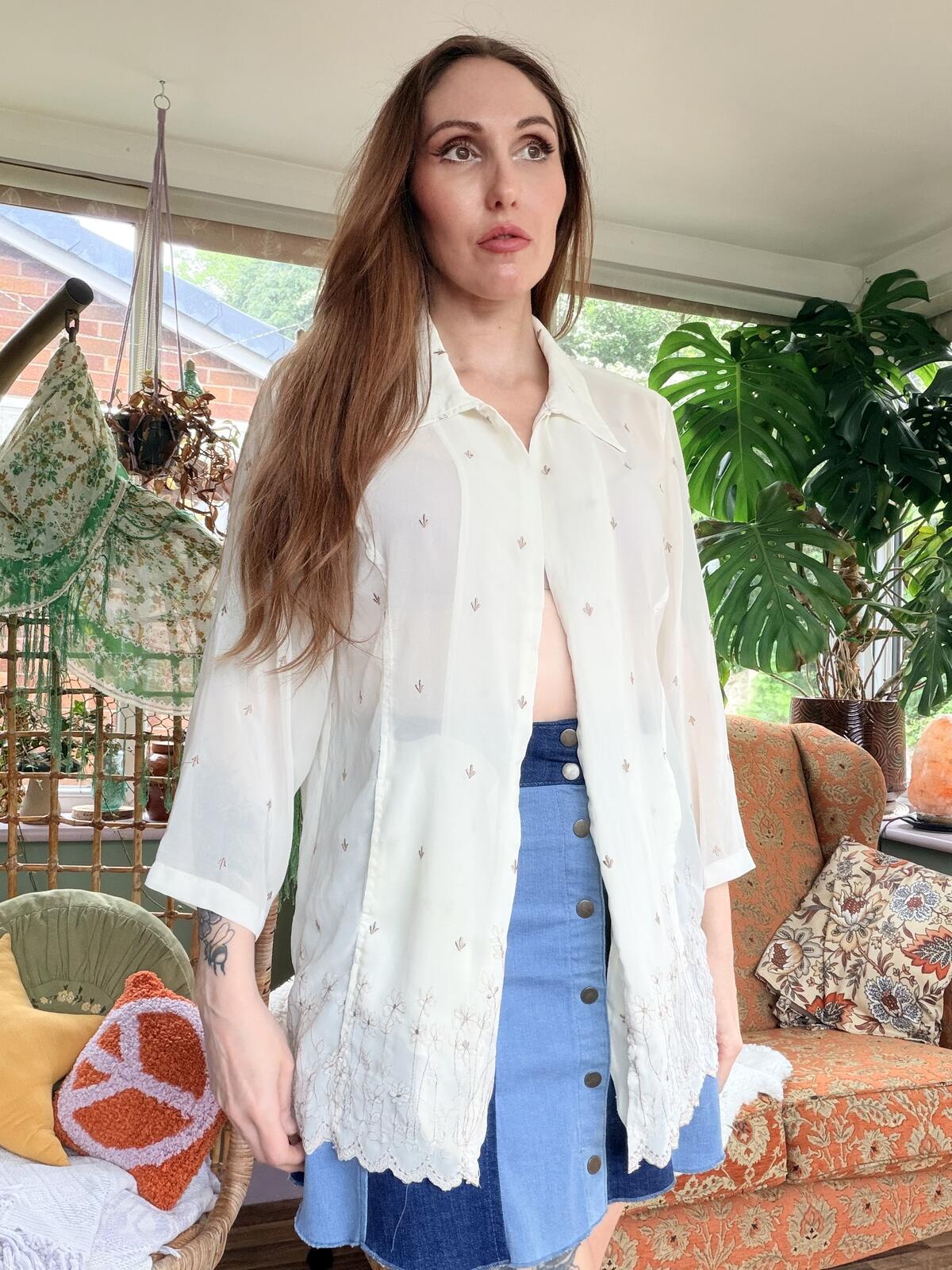 Vintage 1990s Summer Shirt Sheer Embroidered Cream Blouse Duster Size 16
