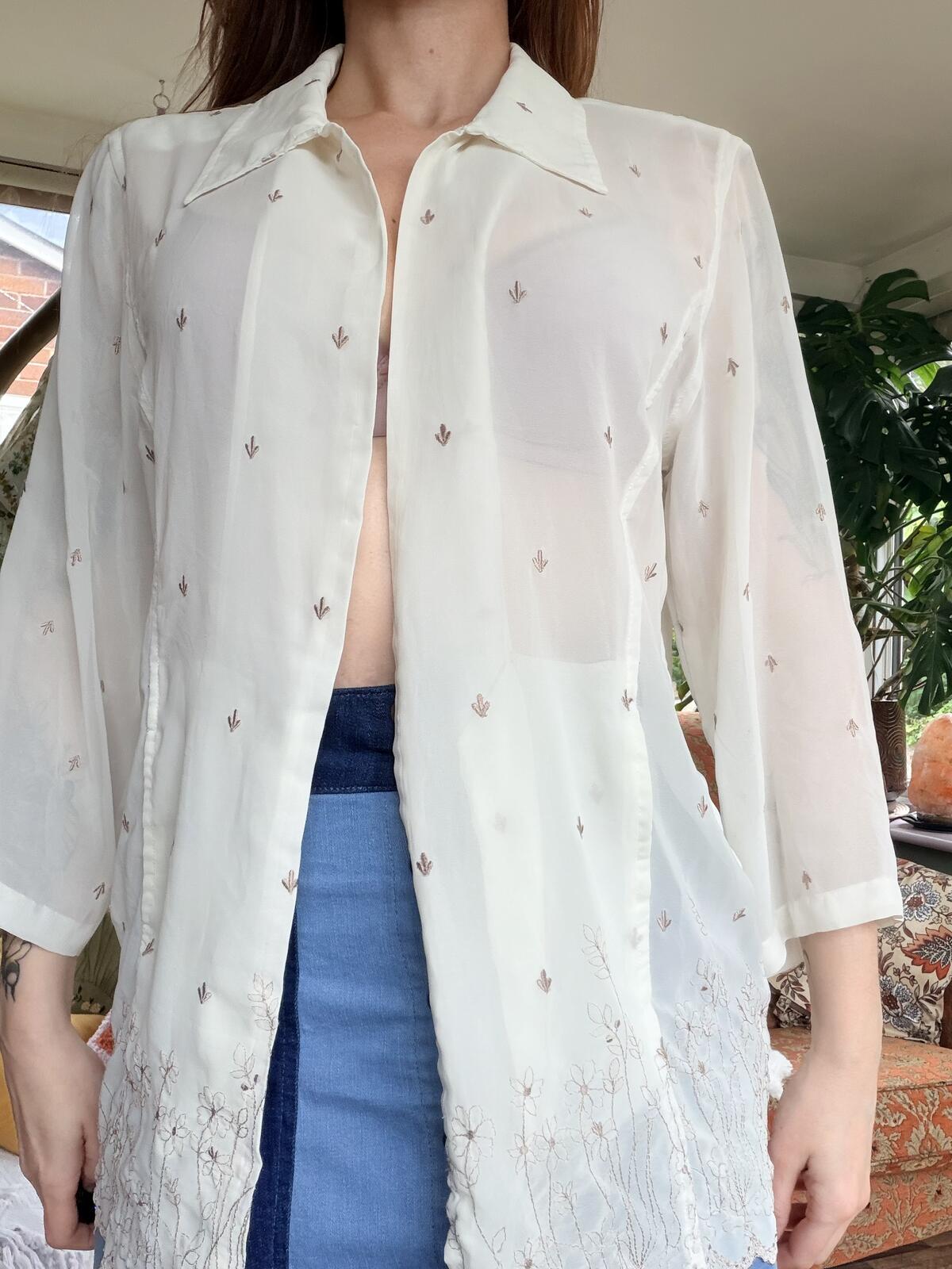 Vintage 1990s Summer Shirt Sheer Embroidered Cream Blouse Duster Size 16