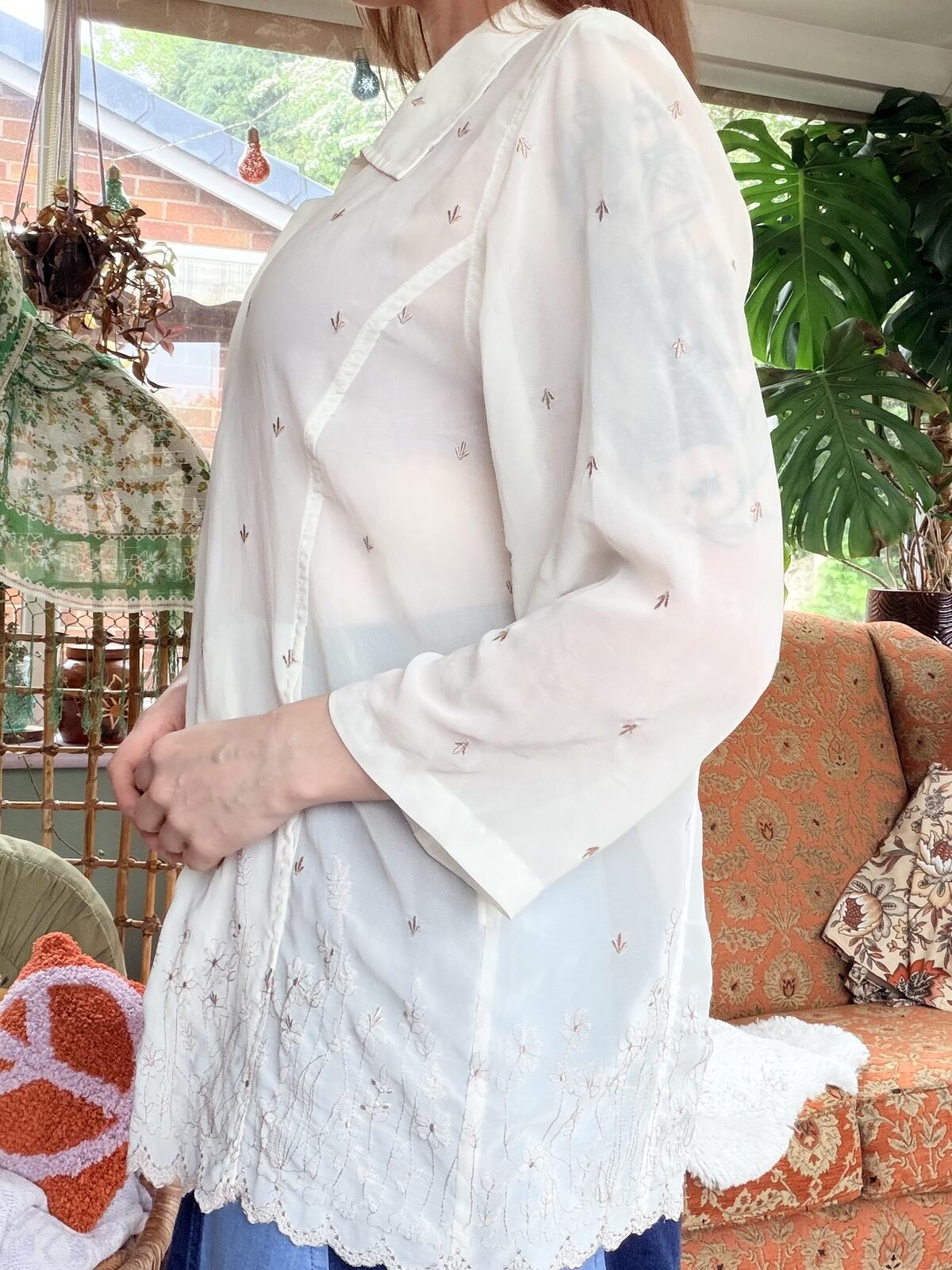 Vintage 1990s Summer Shirt Sheer Embroidered Cream Blouse Duster Size 16