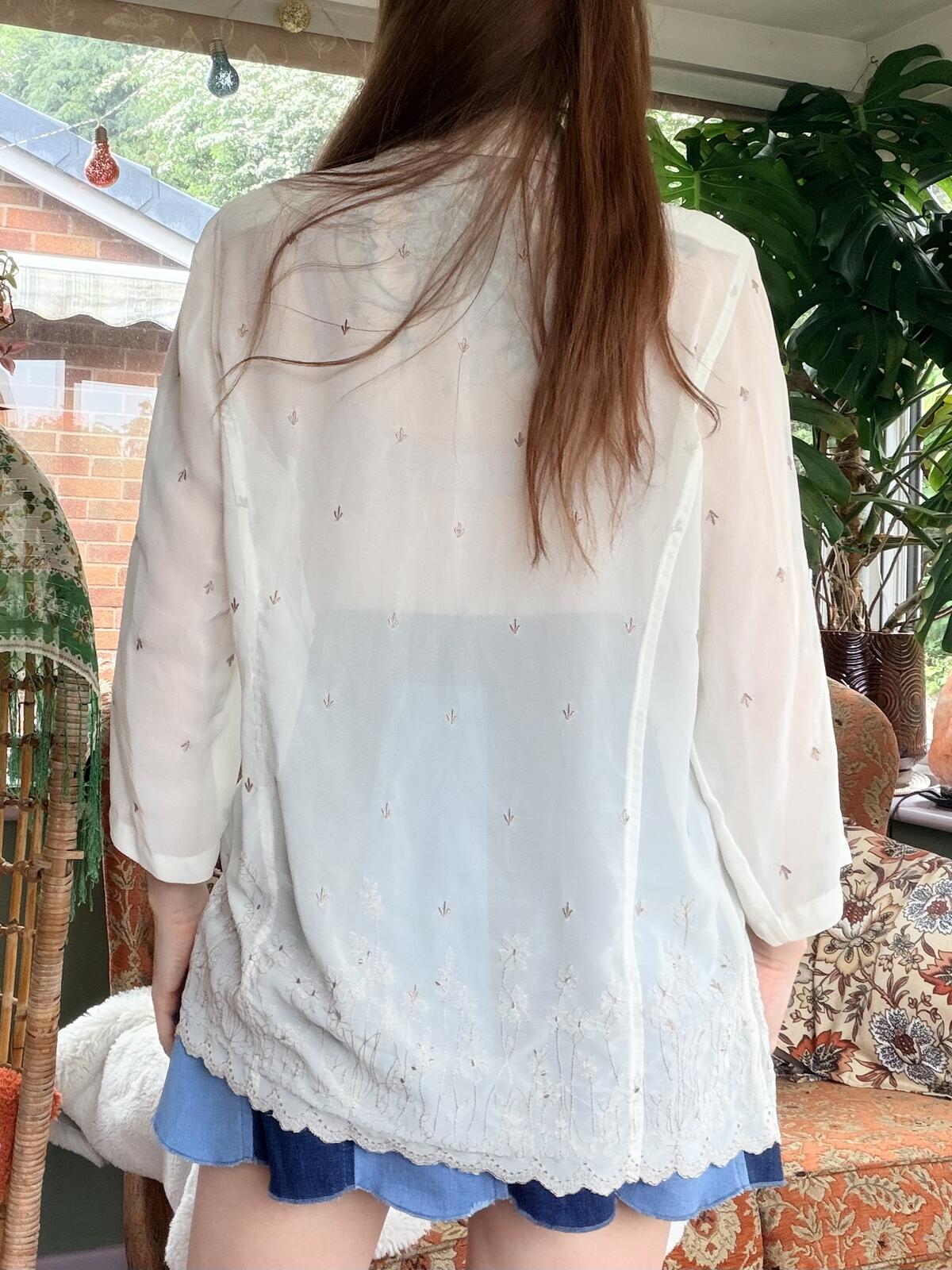 Vintage 1990s Summer Shirt Sheer Embroidered Cream Blouse Duster Size 16
