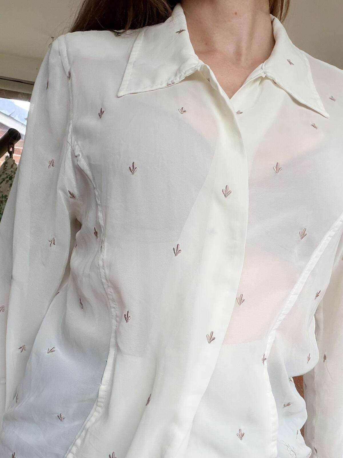 Vintage 1990s Summer Shirt Sheer Embroidered Cream Blouse Duster Size 16