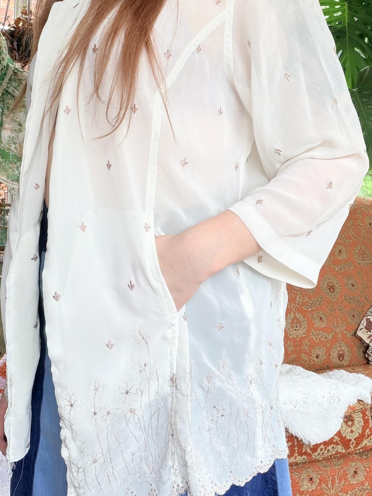 Vintage 1990s Summer Shirt Sheer Embroidered Cream Blouse Duster Size 16