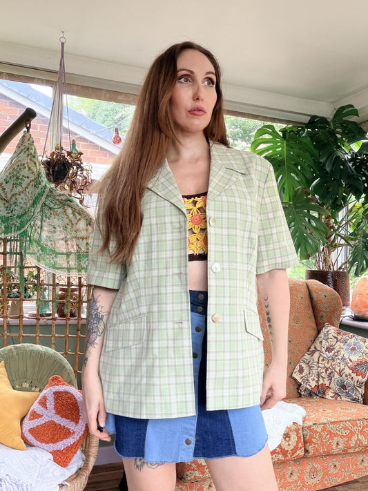 Vintage 1980s Shirt Jacket Light Green Plaid Short Sleeve Blazer Jacket Size 18