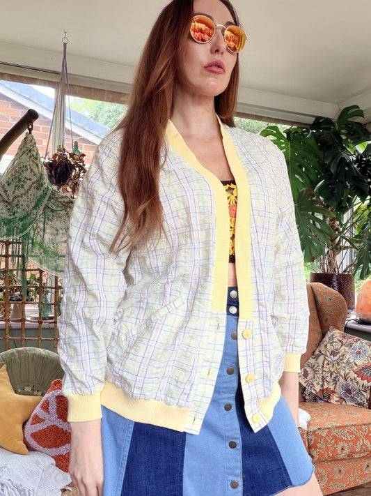 Vintage 1980s Summer Jacket Lightweight Yellow Checkered Bomber Jacket Size 10