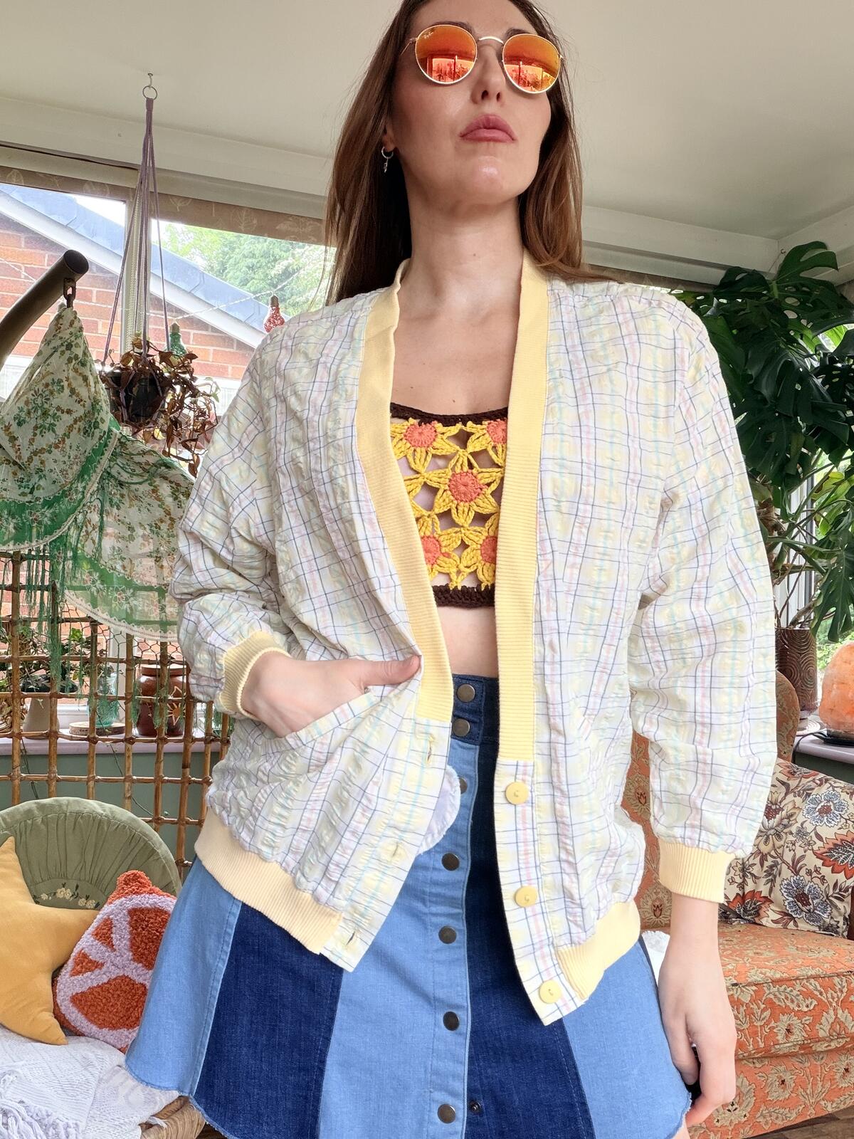 Vintage 1980s Summer Jacket Lightweight Yellow Checkered Bomber Jacket Size 10
