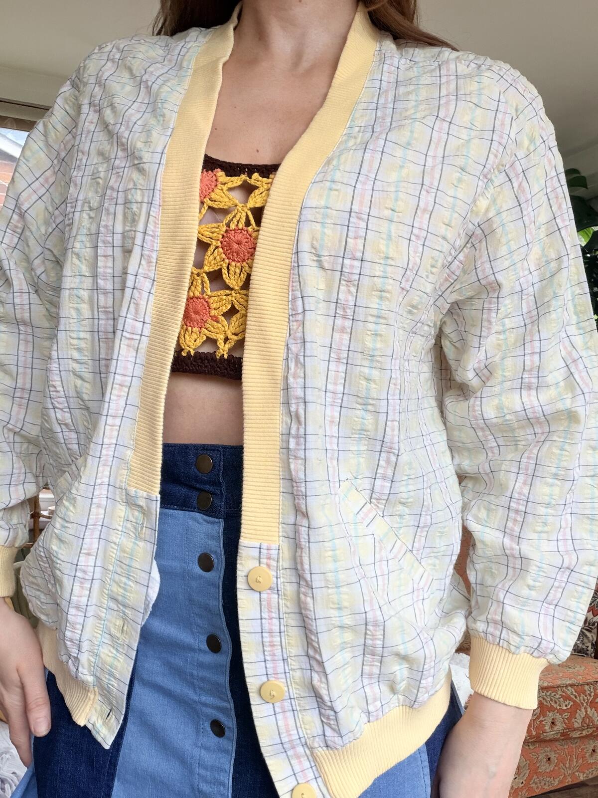 Vintage 1980s Summer Jacket Lightweight Yellow Checkered Bomber Jacket Size 10