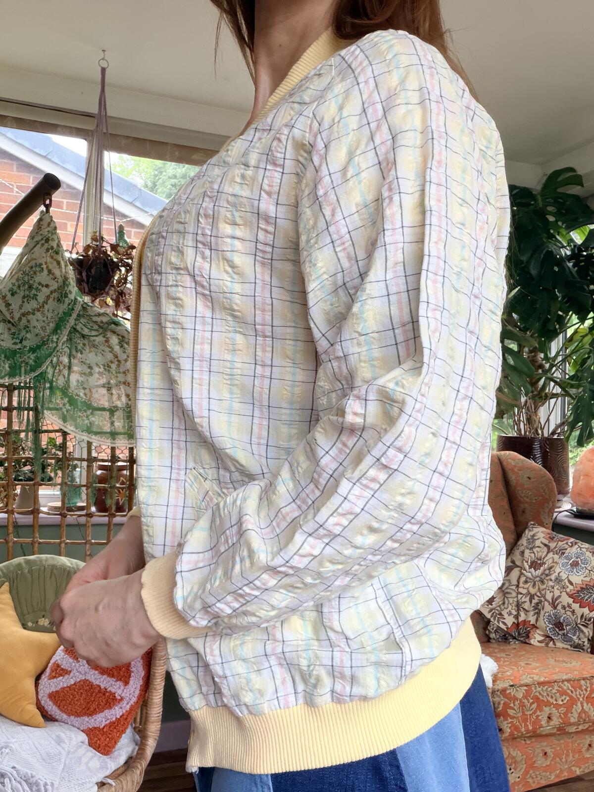 Vintage 1980s Summer Jacket Lightweight Yellow Checkered Bomber Jacket Size 10