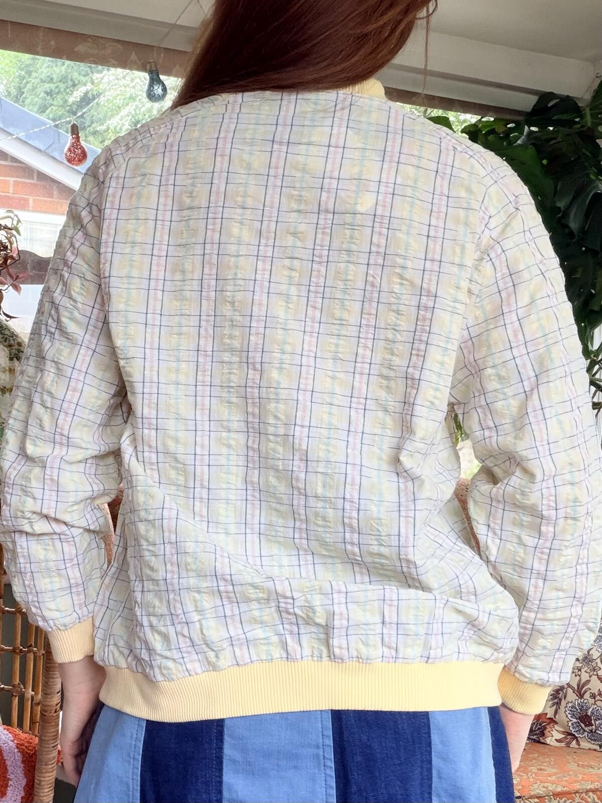 Vintage 1980s Summer Jacket Lightweight Yellow Checkered Bomber Jacket Size 10