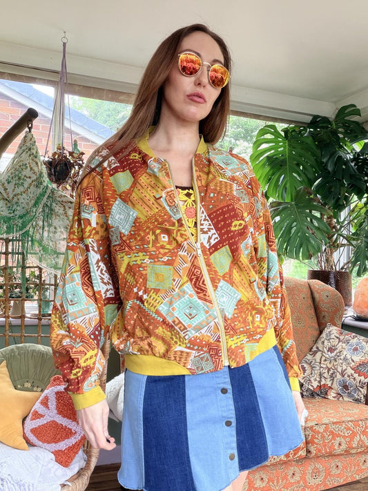 Vintage 1980s Bomber Jacket with Geometric Pattern Orange Summer Coat Size 12 14