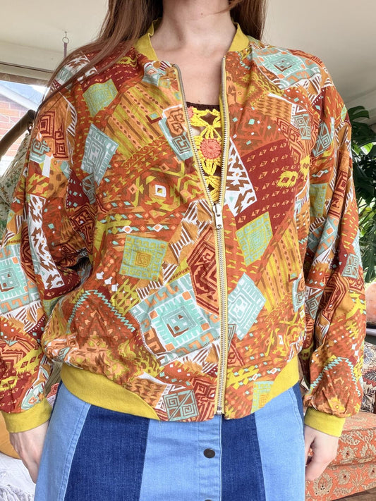 Vintage 1980s Bomber Jacket with Geometric Pattern Orange Summer Coat Size 12 14