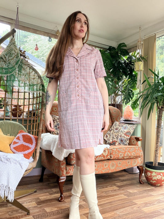 Vintage 1980s Shirt Dress Pink Checkered Short Sleeve with Button Front Size 14