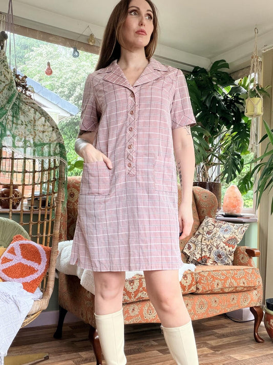 Vintage 1980s Shirt Dress Pink Checkered Short Sleeve with Button Front Size 14