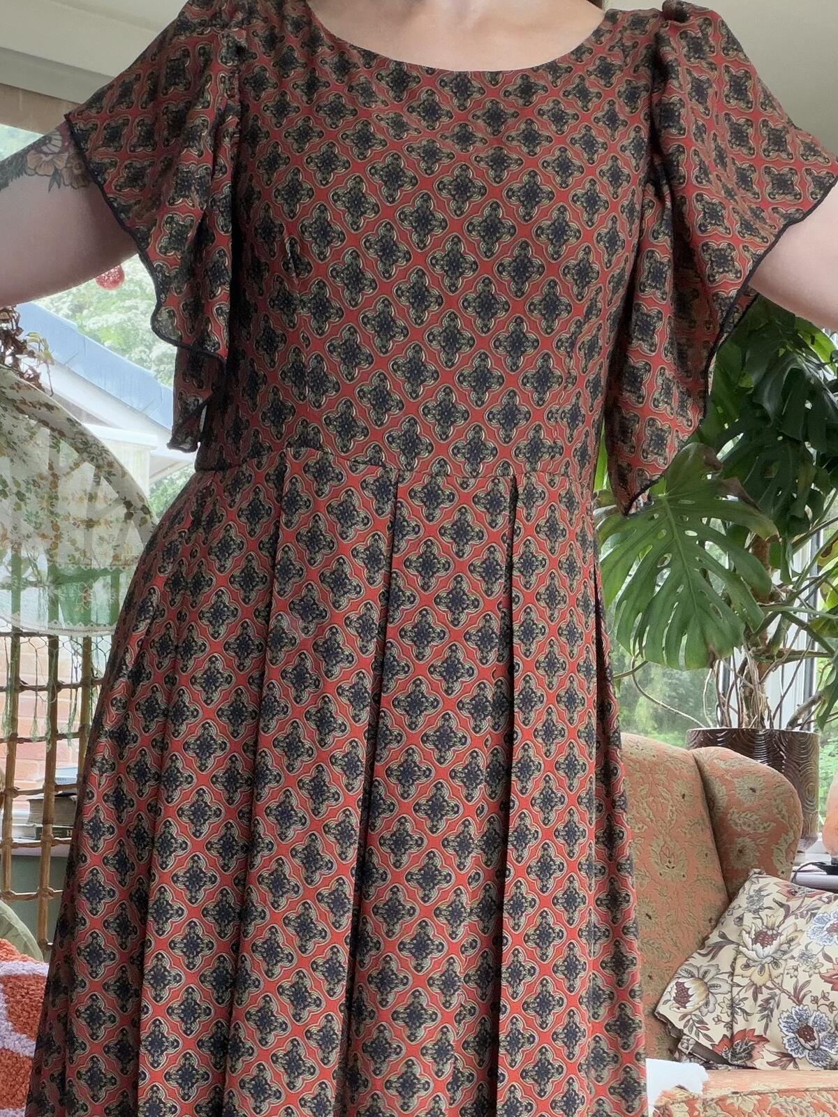 Vintage 1970s Maxi Dress Brown Geometric Patterned Long Dress Size 12