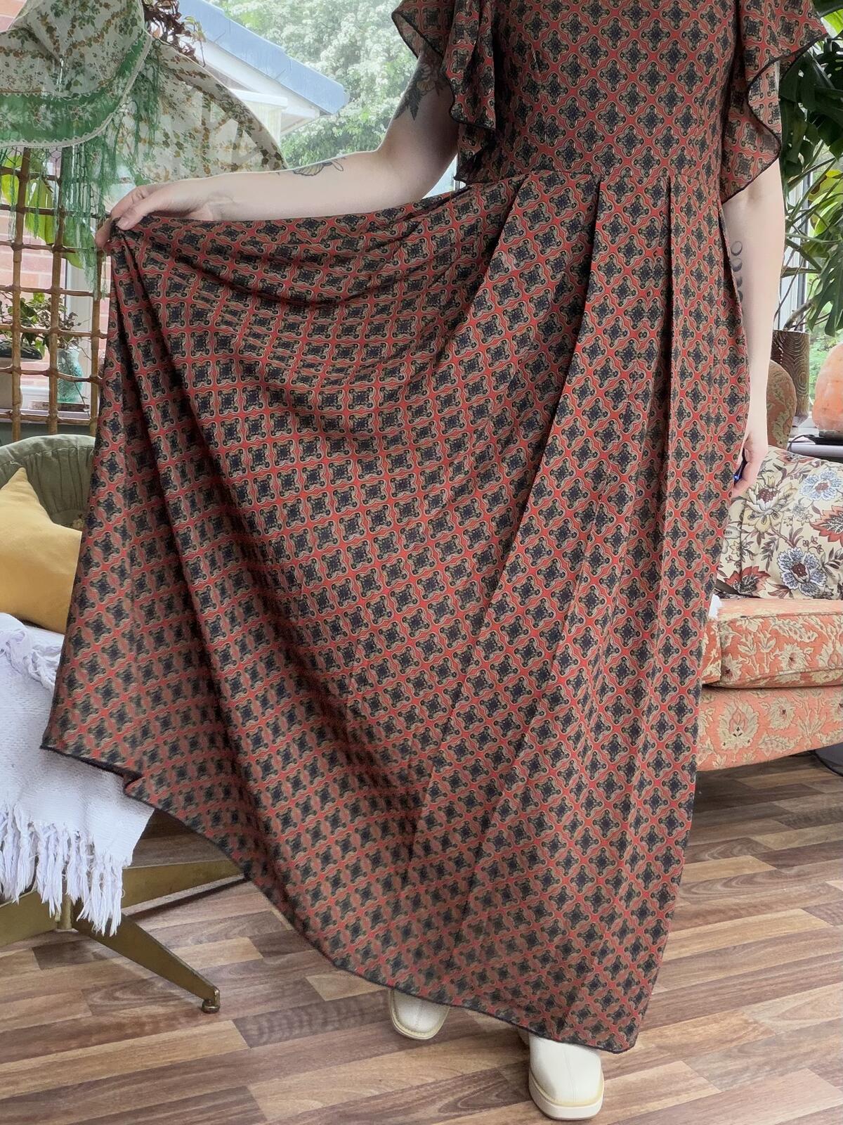 Vintage 1970s Maxi Dress Brown Geometric Patterned Long Dress Size 12
