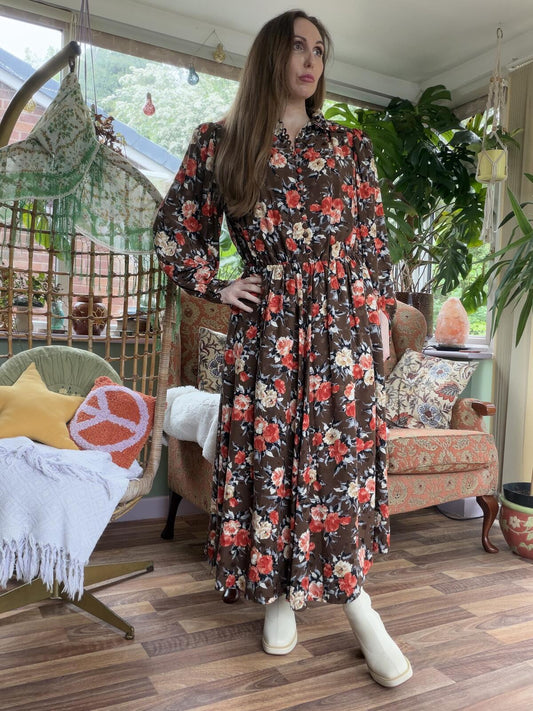 Vintage 1980s Day Dress Brown Floral Long Sleeve Midi Dress Size 16 to 18