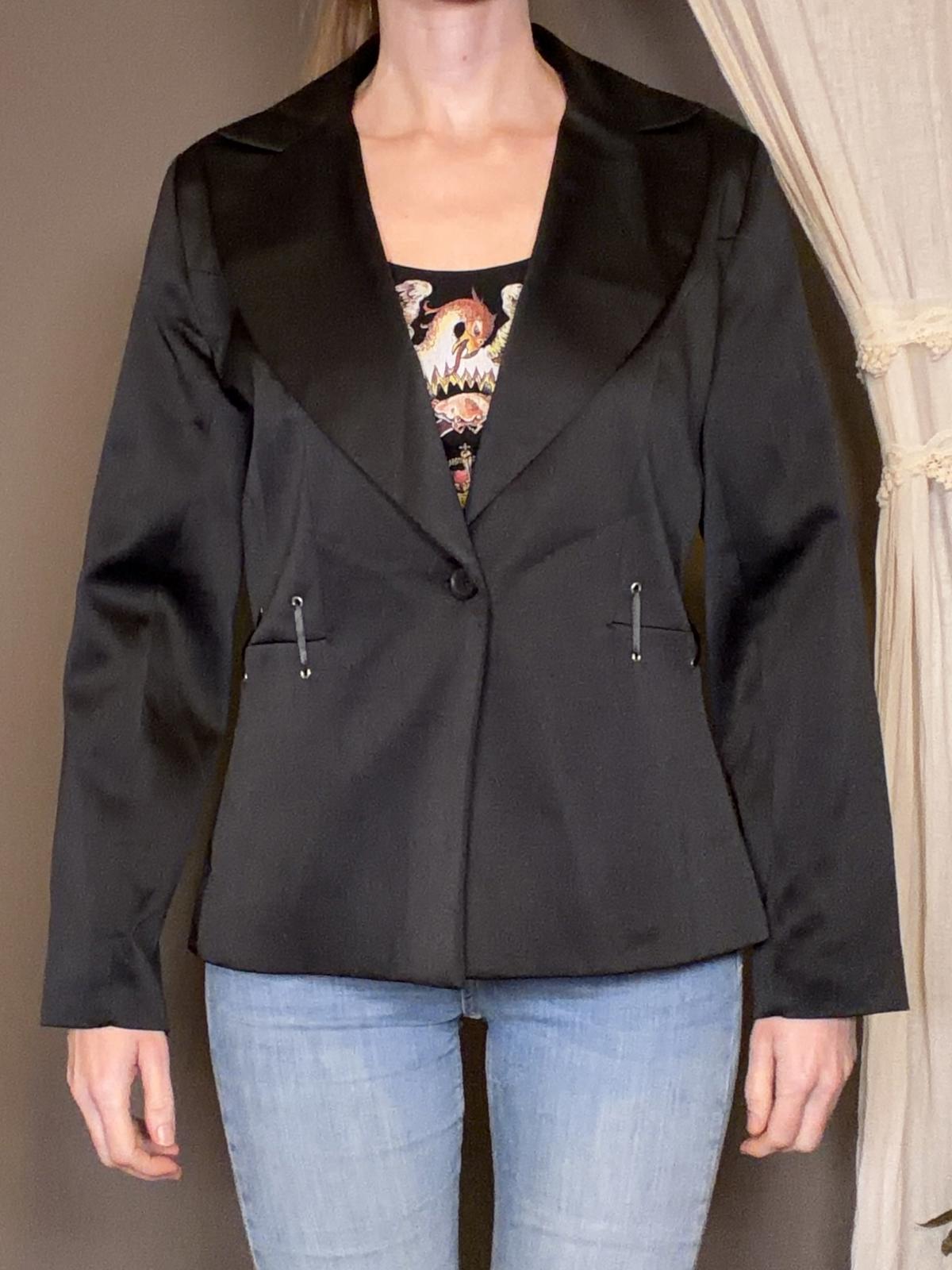 Vintage Y2K Satin Blazer Black size 12 to 14 with Side Lace-Up Detail By E-vie