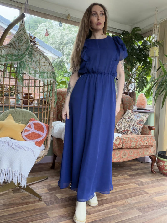Vintage 1970s Maxi Dress Navy Blue Long Dress with Ruffle Sleeves Size 10