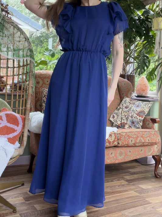 Vintage 1970s Maxi Dress Navy Blue Long Dress with Ruffle Sleeves Size 10