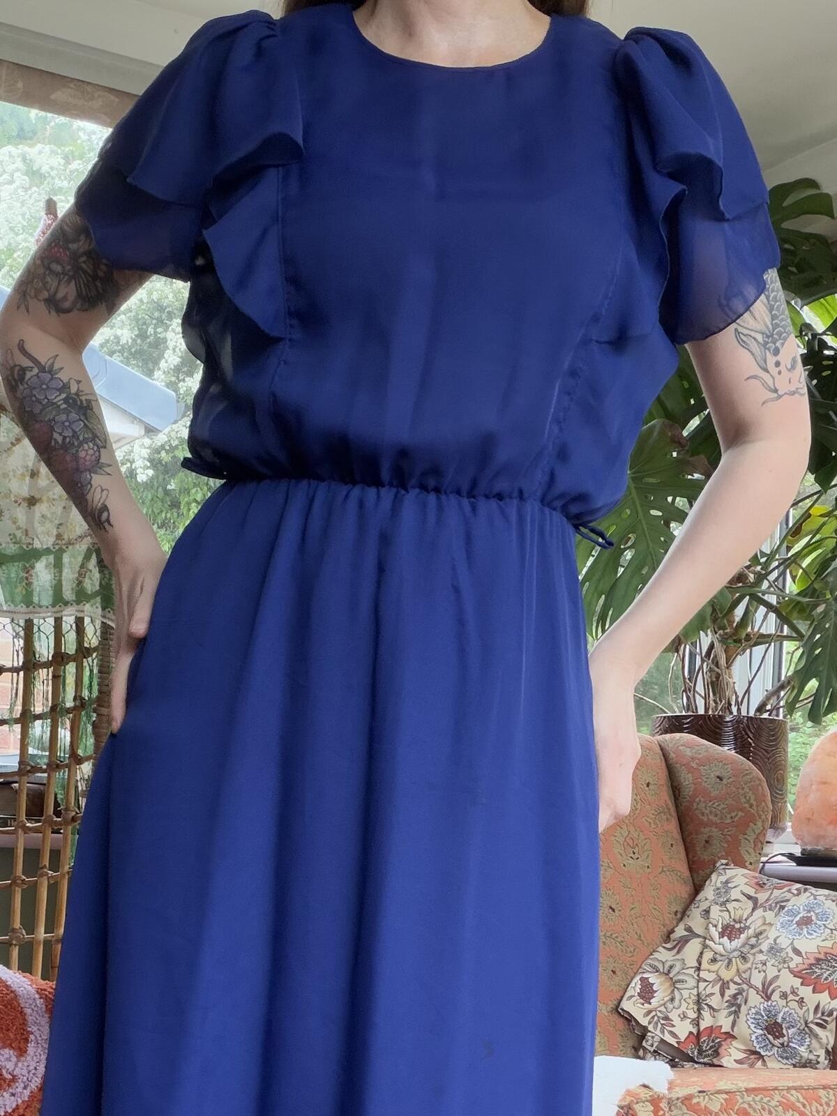 Vintage 1970s Maxi Dress Navy Blue Long Dress with Ruffle Sleeves Size 10