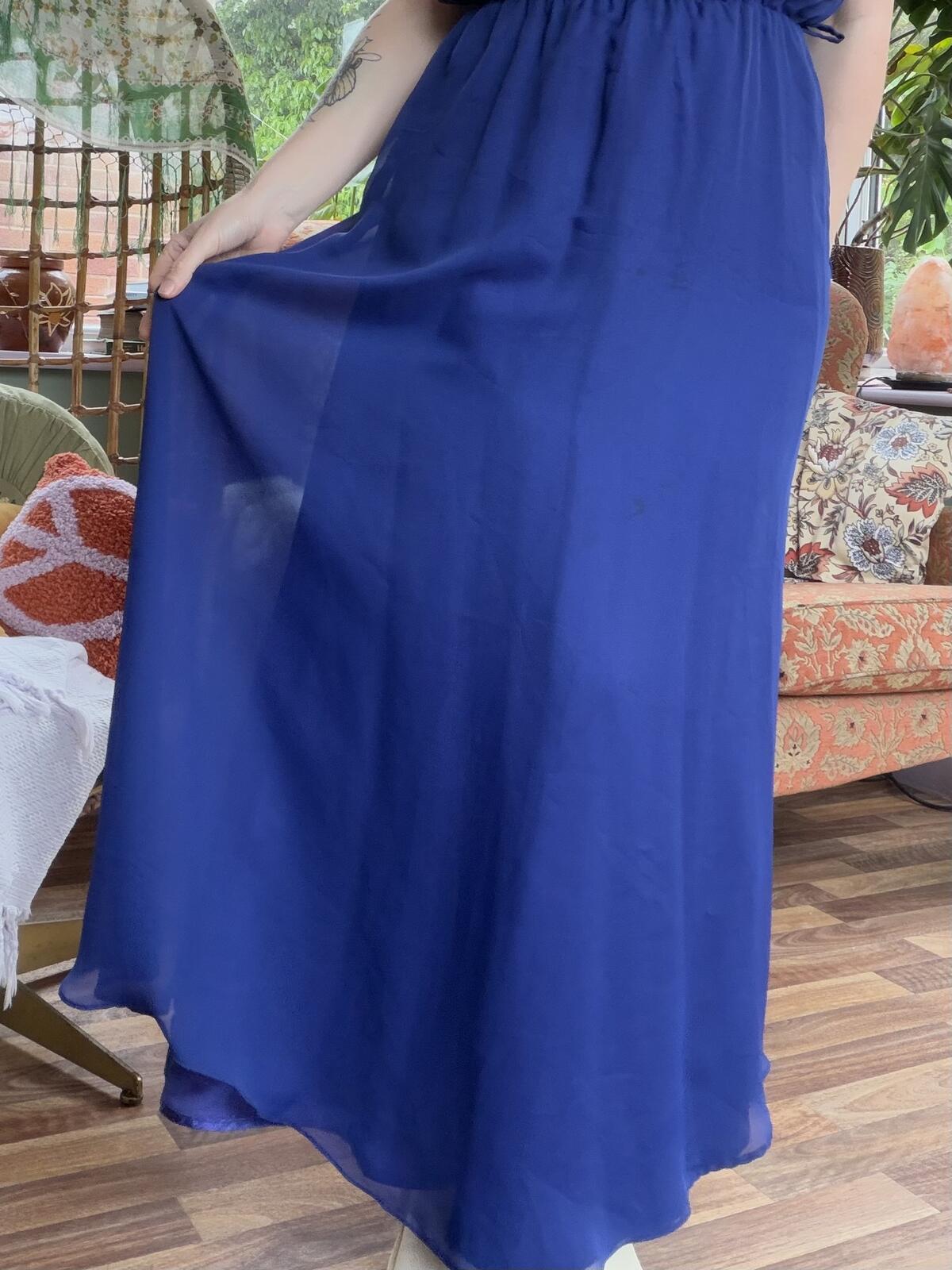 Vintage 1970s Maxi Dress Navy Blue Long Dress with Ruffle Sleeves Size 10