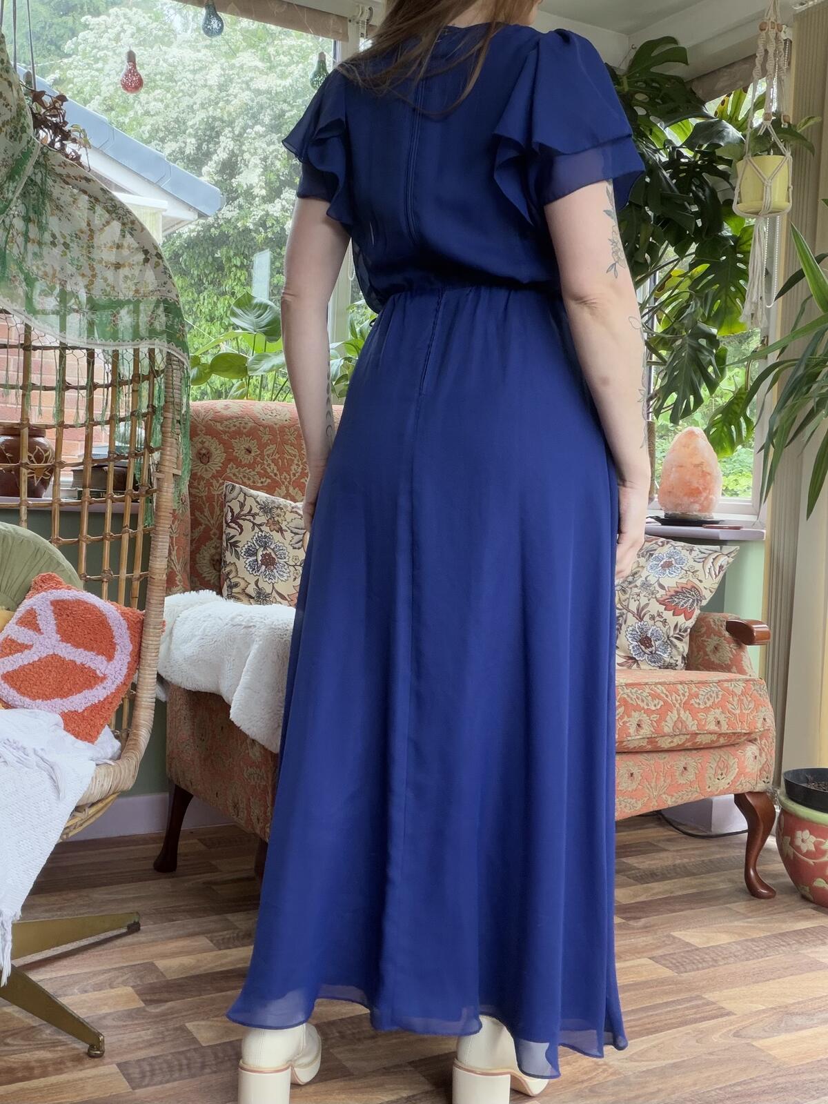Vintage 1970s Maxi Dress Navy Blue Long Dress with Ruffle Sleeves Size 10