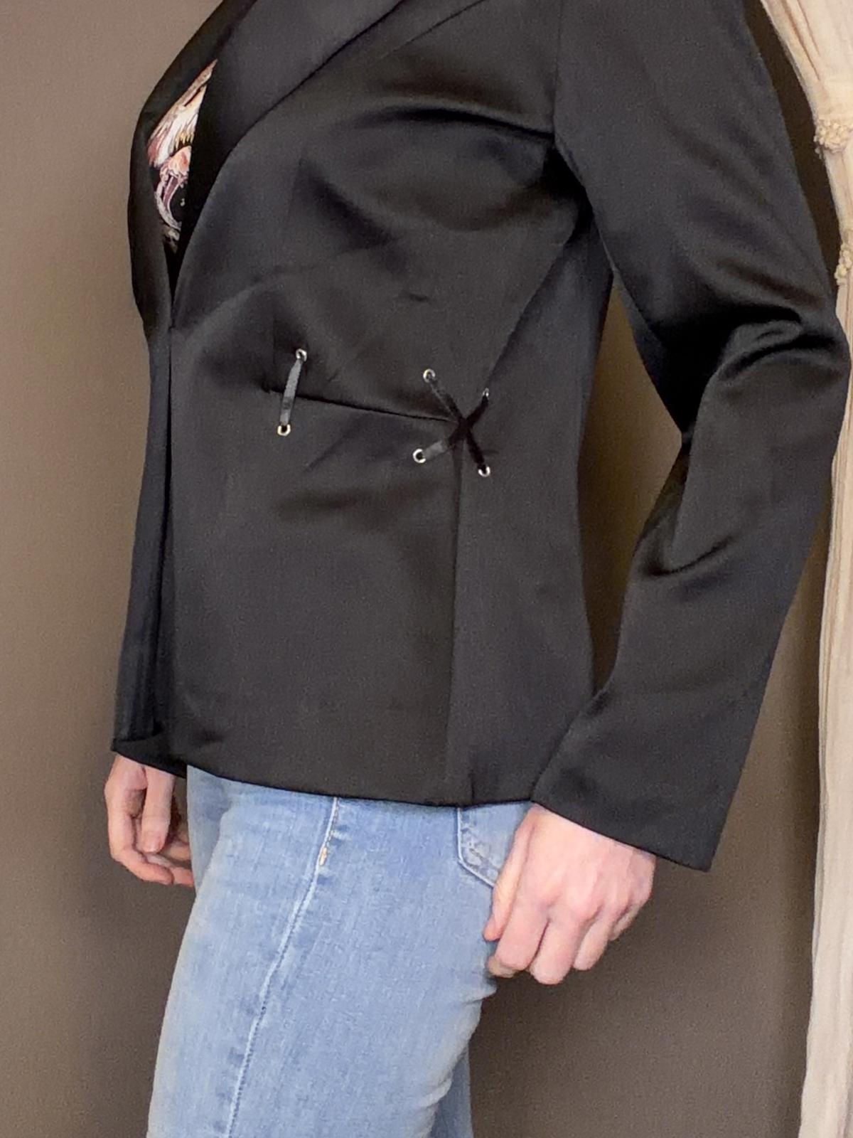 Vintage Y2K Satin Blazer Black size 12 to 14 with Side Lace-Up Detail By E-vie
