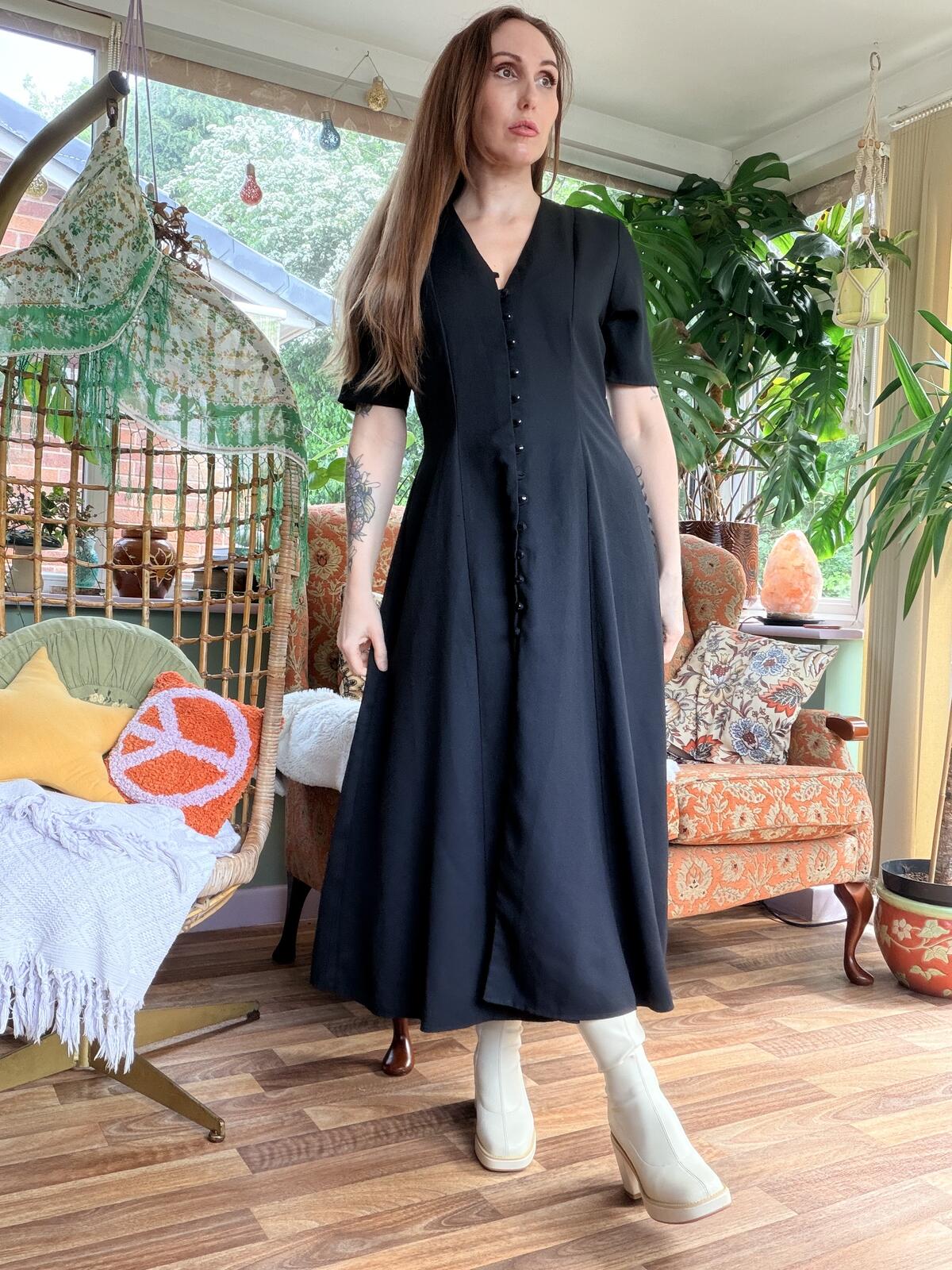 Vintage 1990s Summer Dress Black Midi Dress with Button Front Detail Size 14